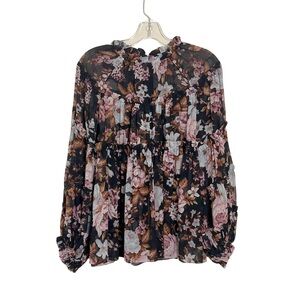 o.p.t. Sheer Black Floral Peasant Boho Fairy Cottagecore Blouse Top Size Medium